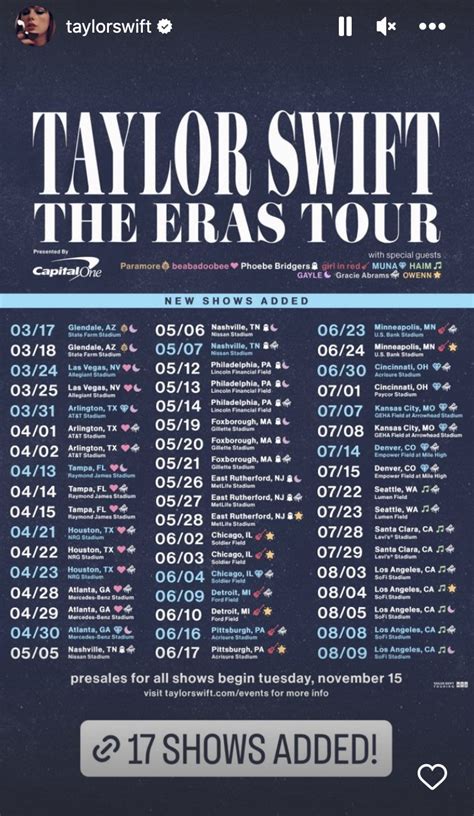 08/3/2023. The Eras Tour is just like karma: It’s coming back around. Just when fans thought Taylor Swift was about done with her shows in the U.S., she announced Thursday (Aug. 3) that more ...